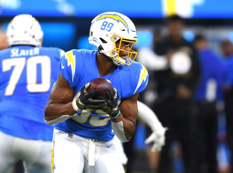 Nov 21, 2021; Inglewood, California, USA; Los Angeles Chargers tight end Donald Parham (89) holds on to a complete pass in the first half of the game against the Pittsburgh Steelers at SoFi Stadium. Mandatory Credit: Jayne Kamin-Oncea-USA TODAY Sports