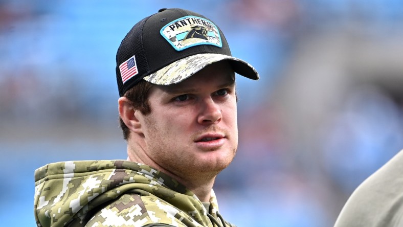 Nov 21, 2021; Charlotte, North Carolina, USA; Carolina Panthers quarterback Sam Darnold (14) before the game at Bank of America Stadium. Mandatory Credit: Bob Donnan-USA TODAY Sports