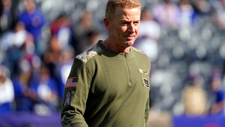 New York Giants offensive coordinator Jason Garrett on the field for warmups before the Giants face the Las Vegas Raiders at MetLife Stadium on Sunday, Nov. 7, 2021, in East Rutherford.

Nyg Vs Lvr