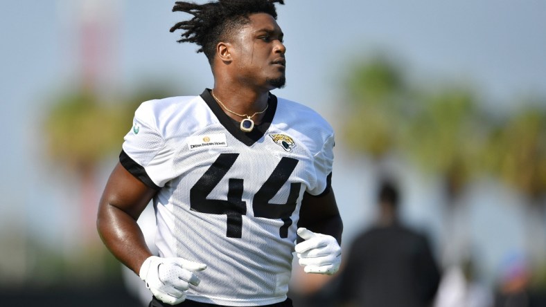 Jaguars LB (44) Myles Jack runs on the field during Wednesday's training camp session.  The Jacksonville Jaguars training camp session, Wednesday, July 28, 2021, at the team's practice fields outside TIAA Bank Field. [Bob Self/Florida Times-Union]

Jki 072821 Jagstrainingcam 4