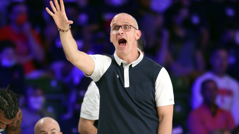 Nov 24, 2021; Nassau, BHS;  Connecticut Huskies head coach Dan Hurley reacts against the Auburn Tigers during the first half of the 2021 Battle 4 Atlantis at Imperial Arena. Mandatory Credit: Kevin Jairaj-USA TODAY Sports