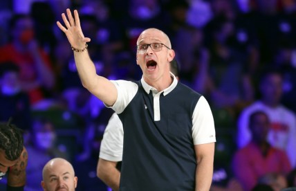 Nov 24, 2021; Nassau, BHS;  Connecticut Huskies head coach Dan Hurley reacts against the Auburn Tigers during the first half of the 2021 Battle 4 Atlantis at Imperial Arena. Mandatory Credit: Kevin Jairaj-USA TODAY Sports