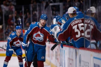 Nov 24, 2021; Denver, Colorado, USA; Colorado Avalanche right wing Valeri Nichushkin (13) celebrates with the bench after his goal in the third period against the Anaheim Ducks at Ball Arena. Mandatory Credit: Isaiah J. Downing-USA TODAY Sports