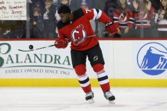 Nov 24, 2021; Newark, New Jersey, USA; New Jersey Devils defenseman P.K. Subban (76) during warm ups before the start of the game against Minnesota Wild at Prudential Center. Mandatory Credit: Tom Horak-USA TODAY Sports