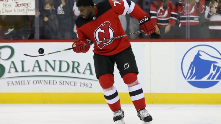 Nov 24, 2021; Newark, New Jersey, USA; New Jersey Devils defenseman P.K. Subban (76) during warm ups before the start of the game against Minnesota Wild at Prudential Center. Mandatory Credit: Tom Horak-USA TODAY Sports