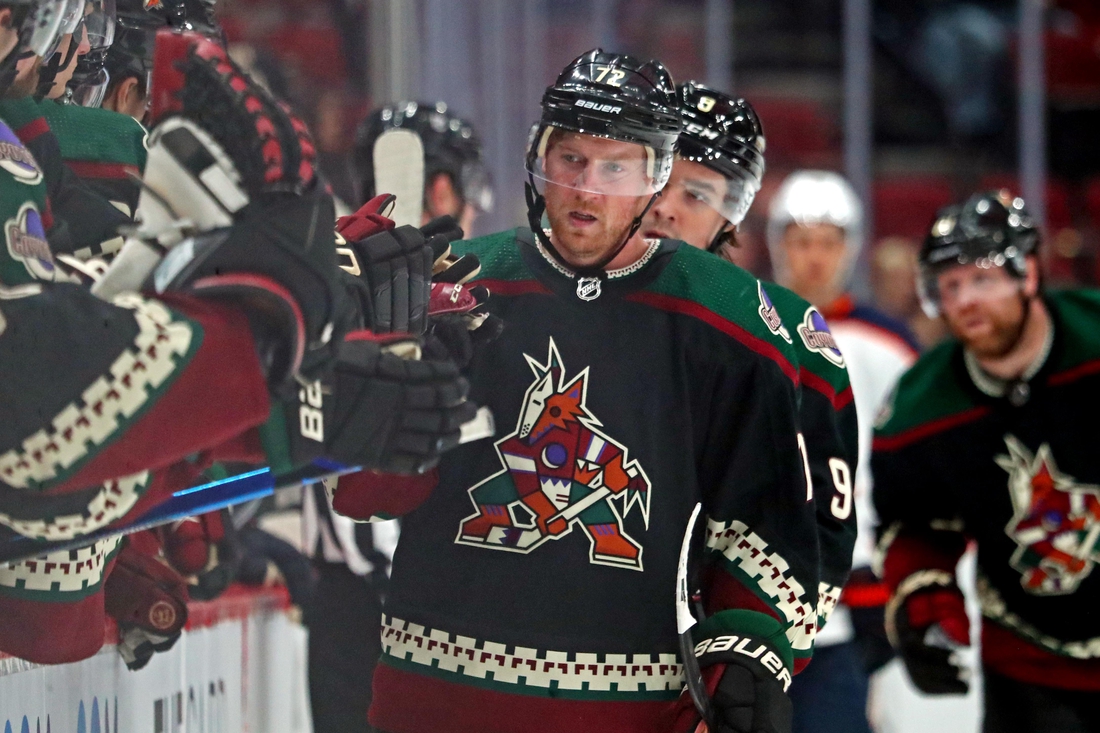 Nov 24, 2021; Glendale, Arizona, USA; Arizona Coyotes center Travis Boyd (72) celebrates after scoring a goal during the third period against the Edmonton Oilers at Gila River Arena. Mandatory Credit: Mark J. Rebilas-USA TODAY Sports