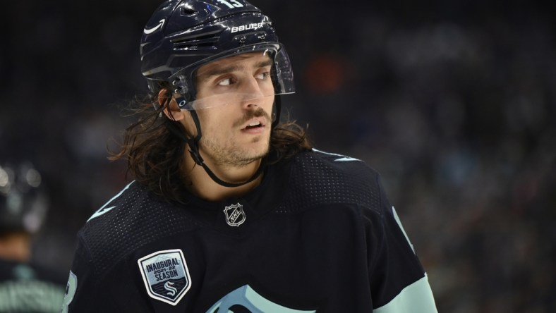 Nov 24, 2021; Seattle, Washington, USA; Seattle Kraken left wing Brandon Tanev (13) during the second period against the Carolina Hurricanes at Climate Pledge Arena. Seattle defeated Carolina 2-1. Mandatory Credit: Steven Bisig-USA TODAY Sports