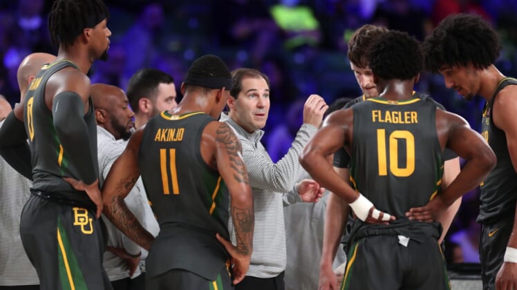 Nov 25, 2021; Nassau, BHS;  Baylor Bears head coach Scott Drew speaks to his players against the Virginia Commonwealth Rams during the first half in the 2021 Battle 4 Atlantis at Imperial Arena. Mandatory Credit: Kevin Jairaj-USA TODAY Sports