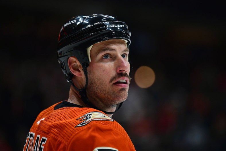 Nov 26, 2021; Anaheim, California, USA; Anaheim Ducks center Ryan Getzlaf (15) during a stoppage in play against the Ottawa Senators in the second period at Honda Center. Mandatory Credit: Gary A. Vasquez-USA TODAY Sports