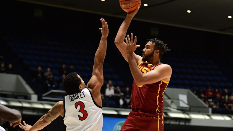 Nov 26, 2021; Anaheim, CA, USA; Southern California Trojans forward Isaiah Mobley (3) shoots against San Diego State Aztecs guard Matt Bradley (3) during the first half of the Wooden Legacy at Anaheim Arena. Mandatory Credit: Gary A. Vasquez-USA TODAY Sports