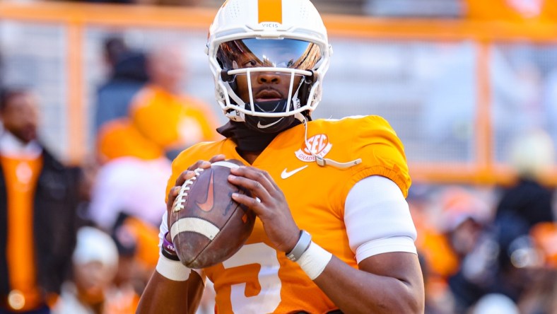 Nov 27, 2021; Knoxville, Tennessee, USA; Tennessee Volunteers quarterback Hendon Hooker (5) warms up before the game against the Vanderbilt Commodores at Neyland Stadium. Mandatory Credit: Randy Sartin-USA TODAY Sports