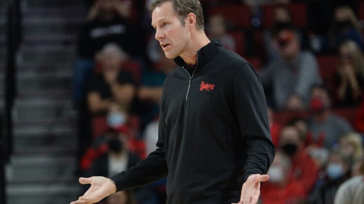 Nov 27, 2021; Lincoln, Nebraska, USA;  Nebraska Cornhuskers head coach Fred Hoiberg reacts to a call in the game against the South Dakota Coyotes in the first half at Pinnacle Bank Arena. Mandatory Credit: Steven Branscombe-USA TODAY Sports
