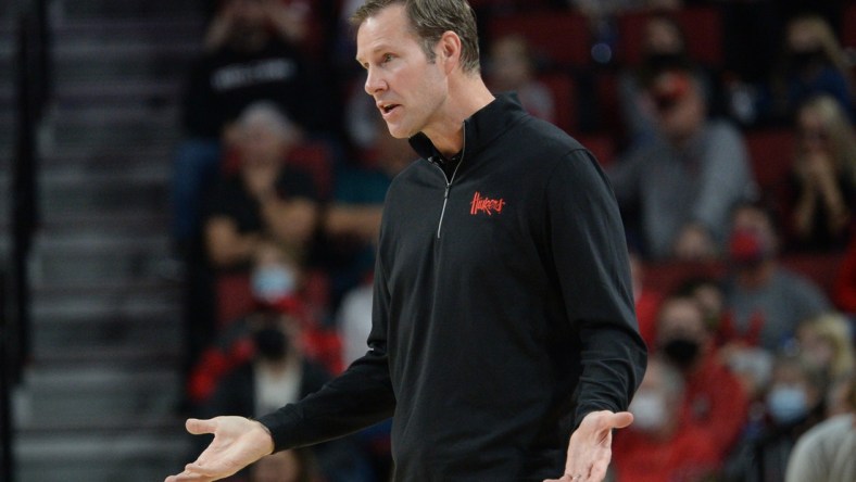 Nov 27, 2021; Lincoln, Nebraska, USA;  Nebraska Cornhuskers head coach Fred Hoiberg reacts to a call in the game against the South Dakota Coyotes in the first half at Pinnacle Bank Arena. Mandatory Credit: Steven Branscombe-USA TODAY Sports