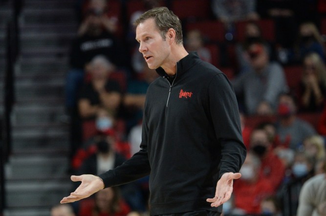Nov 27, 2021; Lincoln, Nebraska, USA;  Nebraska Cornhuskers head coach Fred Hoiberg reacts to a call in the game against the South Dakota Coyotes in the first half at Pinnacle Bank Arena. Mandatory Credit: Steven Branscombe-USA TODAY Sports