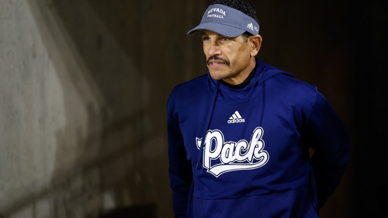 Nov 27, 2021; Fort Collins, Colorado, USA; Nevada Wolf Pack head coach Jay Norvell before the game against the Colorado State Rams at Sonny Lubrick Field at Canvas Stadium. Mandatory Credit: Isaiah J. Downing-USA TODAY Sports