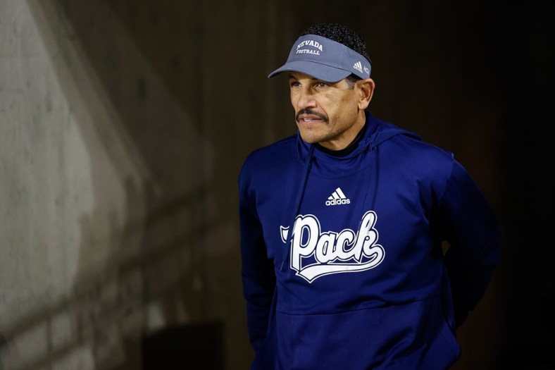 Nov 27, 2021; Fort Collins, Colorado, USA; Nevada Wolf Pack head coach Jay Norvell before the game against the Colorado State Rams at Sonny Lubrick Field at Canvas Stadium. Mandatory Credit: Isaiah J. Downing-USA TODAY Sports