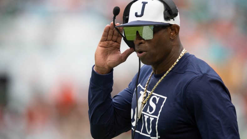 Jackson State University head coach Deion Sanders walks along the sideline during the Orange Blossom Classic between Florida A&M University and Jackson State University at Hard Rock Stadium in Miami Gardens, Fla. Sunday, Sept. 5, 2021.

Orange Blossom Classic 090521 Ts 3614