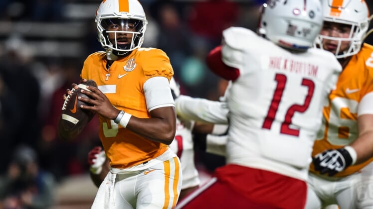 Nov 20, 2021; Knoxville, Tennessee, USA; Tennessee Volunteers quarterback Hendon Hooker (5) during the first half against the South Alabama Jaguars at Neyland Stadium. Mandatory Credit: Bryan Lynn-USA TODAY Sports