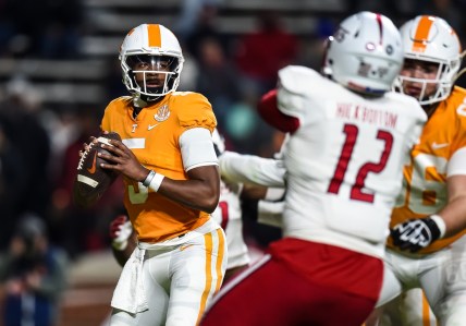 Nov 20, 2021; Knoxville, Tennessee, USA; Tennessee Volunteers quarterback Hendon Hooker (5) during the first half against the South Alabama Jaguars at Neyland Stadium. Mandatory Credit: Bryan Lynn-USA TODAY Sports