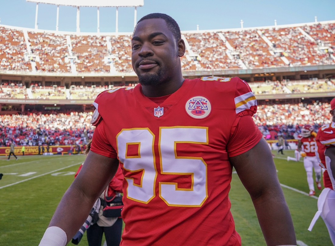 Nov 21, 2021; Kansas City, Missouri, USA; Kansas City Chiefs defensive end Chris Jones (95) comes to the sideline against the Dallas Cowboys before the game at GEHA Field at Arrowhead Stadium. Mandatory Credit: Denny Medley-USA TODAY Sports