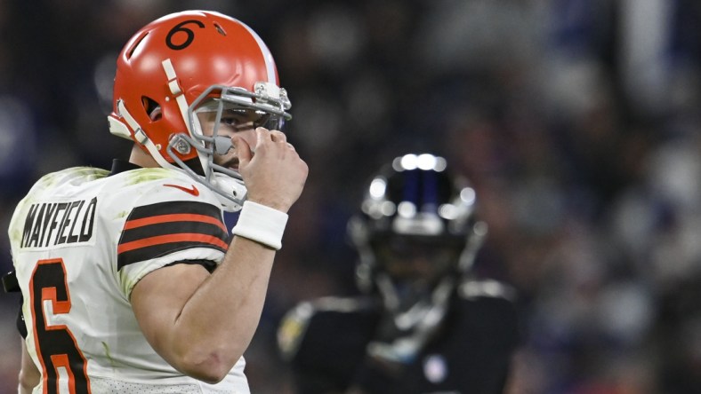 Nov 28, 2021; Baltimore, Maryland, USA;   Cleveland Browns quarterback Baker Mayfield (6) looks towards the bench during the game against the Baltimore Ravens at M&T Bank Stadium. Mandatory Credit: Tommy Gilligan-USA TODAY Sports