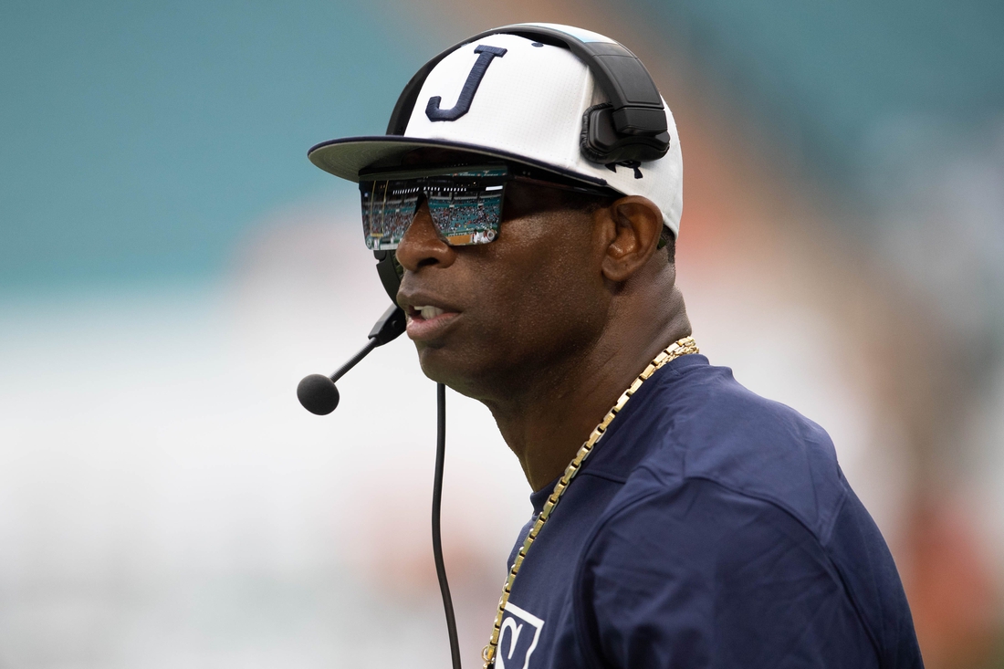 Jackson State University head coach Deion Sanders walks along the sideline during the Orange Blossom Classic between Florida A&M University and Jackson State University at Hard Rock Stadium in Miami Gardens, Fla. Sunday, Sept. 5, 2021.

Orange Blossom Classic 090521 Ts 3627