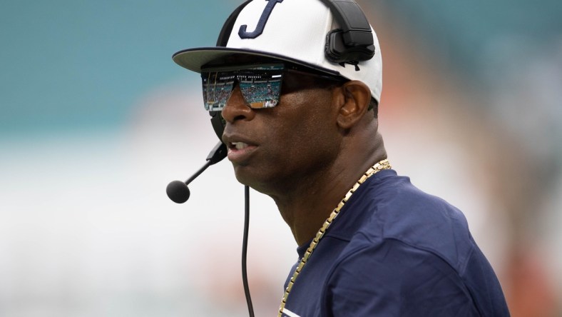 Jackson State University head coach Deion Sanders walks along the sideline during the Orange Blossom Classic between Florida A&M University and Jackson State University at Hard Rock Stadium in Miami Gardens, Fla. Sunday, Sept. 5, 2021.

Orange Blossom Classic 090521 Ts 3627