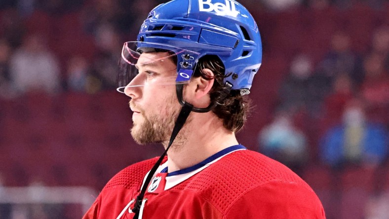 Nov 29, 2021; Montreal, Quebec, CAN; Montreal Canadiens right wing Josh Anderson (17) during the warm-up session before the game against Vancouver Canucks at Bell Centre. Mandatory Credit: Jean-Yves Ahern-USA TODAY Sports