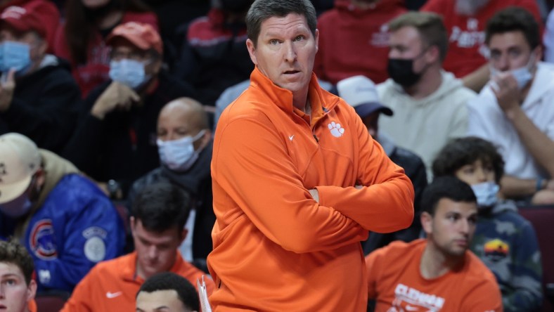 Nov 30, 2021; Piscataway, New Jersey, USA; Clemson Tigers head coach Brad Brownell looks on during the first half against the Rutgers Scarlet Knights at Jersey Mike's Arena. Mandatory Credit: Vincent Carchietta-USA TODAY Sports