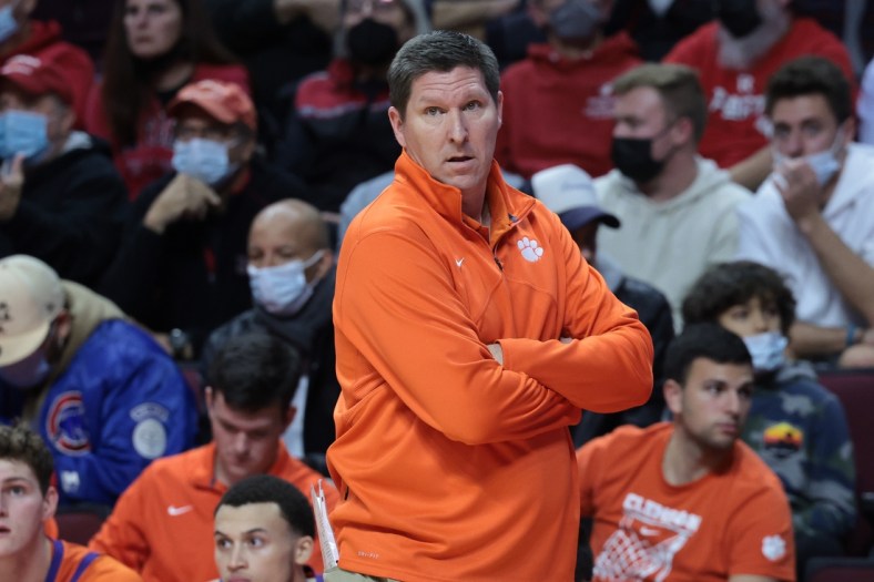 Nov 30, 2021; Piscataway, New Jersey, USA; Clemson Tigers head coach Brad Brownell looks on during the first half against the Rutgers Scarlet Knights at Jersey Mike's Arena. Mandatory Credit: Vincent Carchietta-USA TODAY Sports