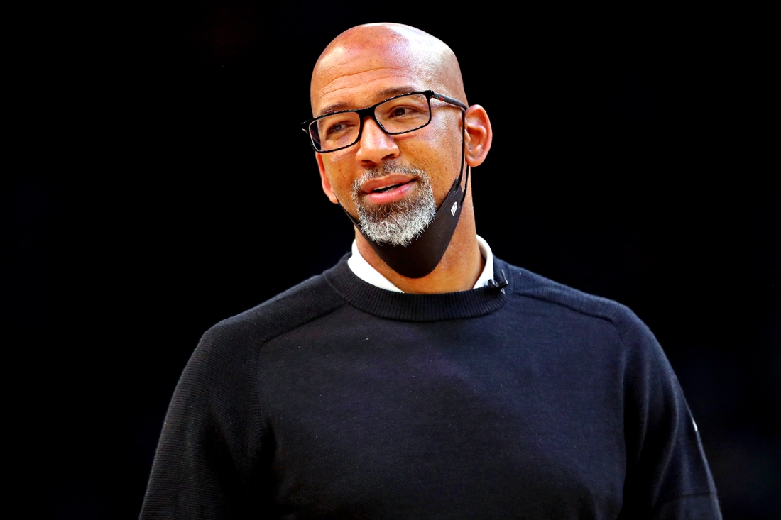 Nov 30, 2021; Phoenix, Arizona, USA; Phoenix Suns head coach Monty Williams reacts during the first quarter against the Golden State Warriors at Footprint Center. Mandatory Credit: Mark J. Rebilas-USA TODAY Sports