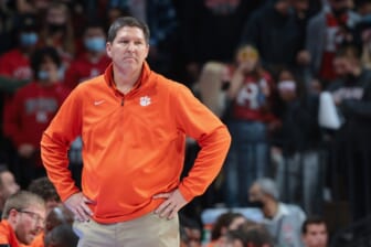 Nov 30, 2021; Piscataway, New Jersey, USA; Clemson Tigers head coach Brad Brownell looks on during the second half against the Rutgers Scarlet Knights at Jersey Mike's Arena. Mandatory Credit: Vincent Carchietta-USA TODAY Sports