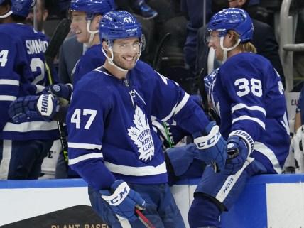 Dec 1, 2021; Toronto, Ontario, CAN; Toronto Maple Leafs defenseman Rasmus Sandin (38) congratulates Toronto Maple Leafs forward Pierre Engvall (47) after his goal against the Colorado Avalanche during the third period at Scotiabank Arena. Mandatory Credit: John E. Sokolowski-USA TODAY Sports