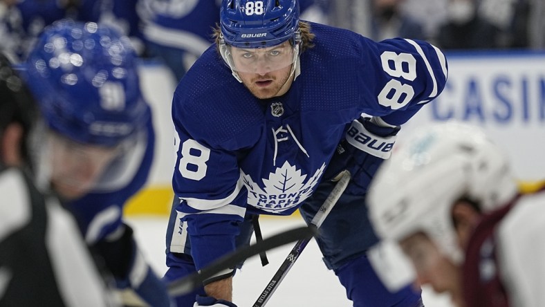 Dec 1, 2021; Toronto, Ontario, CAN; Toronto Maple Leafs forward William Nylander (88) waits for a face off against the Colorado Avalanche during the second period at Scotiabank Arena. Mandatory Credit: John E. Sokolowski-USA TODAY Sports