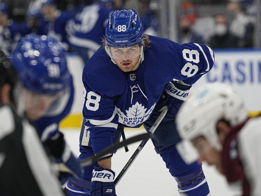Dec 1, 2021; Toronto, Ontario, CAN; Toronto Maple Leafs forward William Nylander (88) waits for a face off against the Colorado Avalanche during the second period at Scotiabank Arena. Mandatory Credit: John E. Sokolowski-USA TODAY Sports