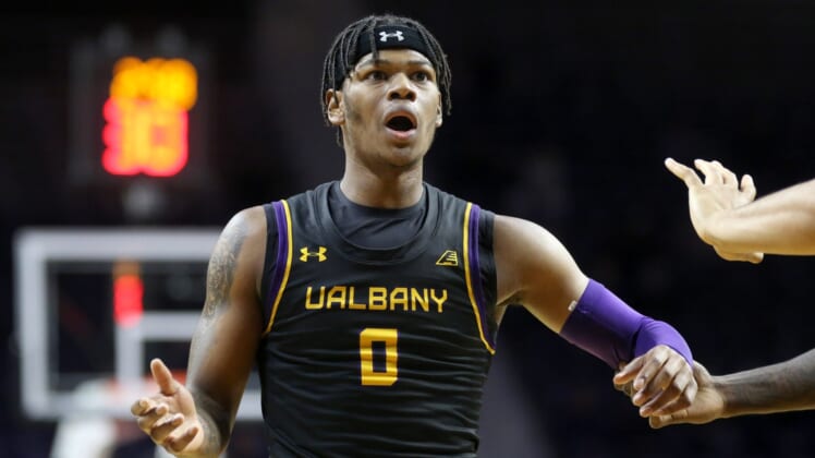 Dec 1, 2021; Manhattan, Kansas, USA; Albany Great Danes guard Ny'mire Little (0) questions a call by the officials during the second half Kansas State Wildcats at Bramlage Coliseum. Mandatory Credit: Scott Sewell-USA TODAY Sports