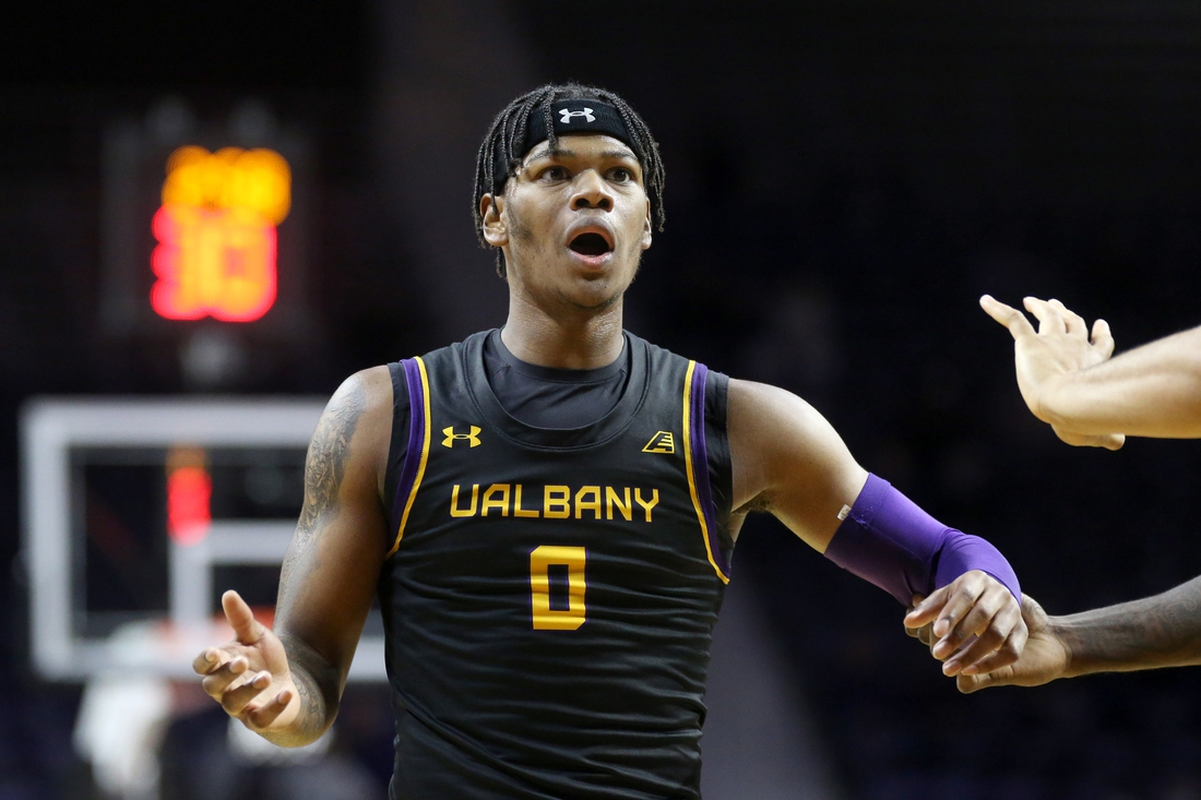 Dec 1, 2021; Manhattan, Kansas, USA; Albany Great Danes guard Ny'mire Little (0) questions a call by the officials during the second half Kansas State Wildcats at Bramlage Coliseum. Mandatory Credit: Scott Sewell-USA TODAY Sports