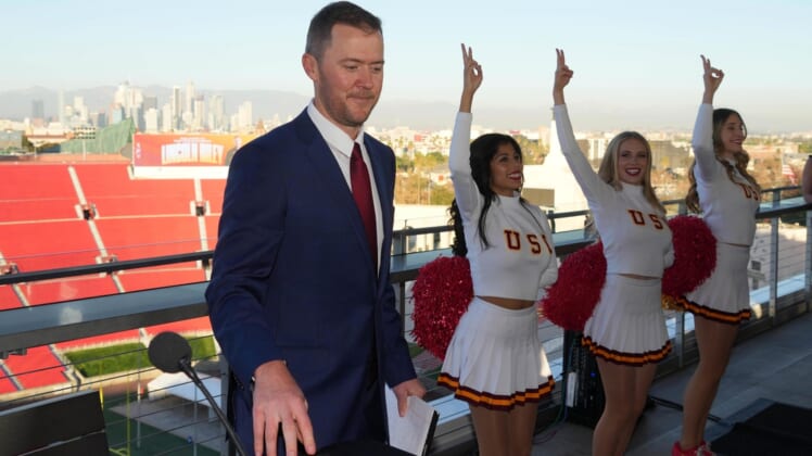 Nov 29, 2021; Los Angeles, CA, USA; Lincoln Riley reacts during a press conference to introduce Riley as Southern California Trojans head coach at the Los Angeles Memorial Coliseum. Mandatory Credit: Kirby Lee-USA TODAY Sports