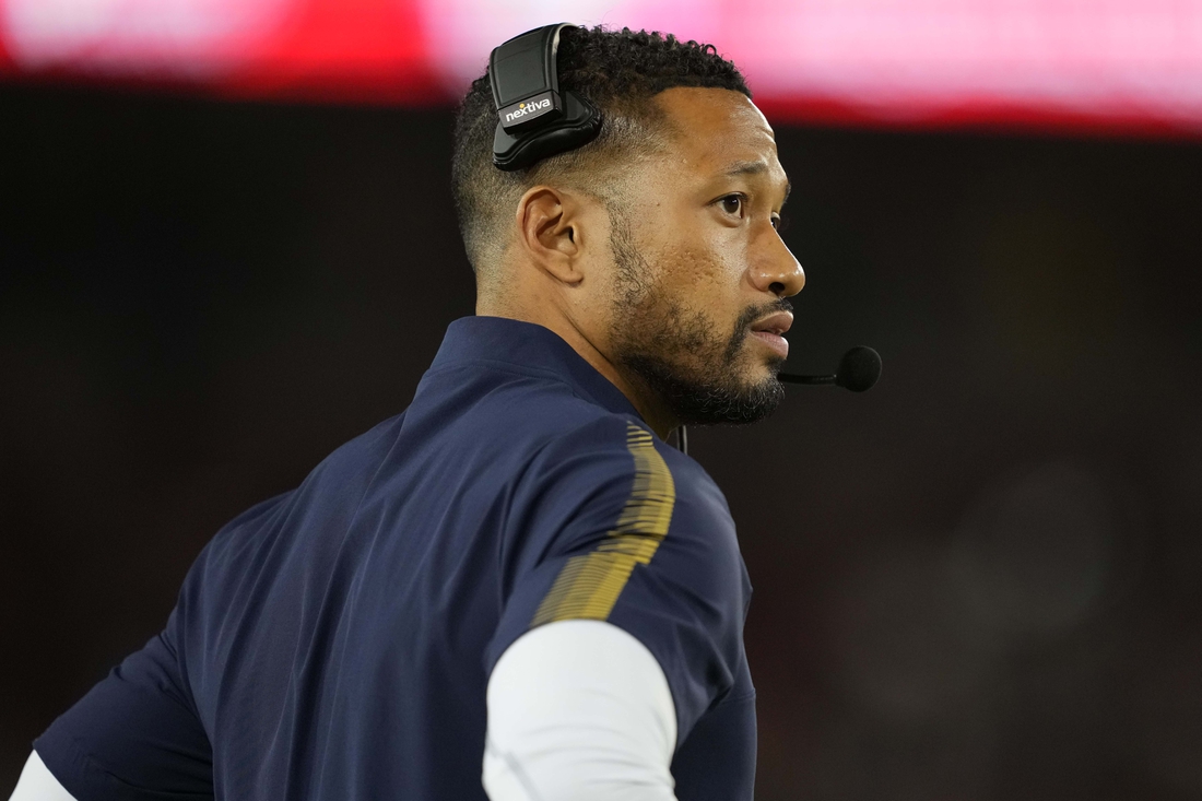 Nov 27, 2021; Stanford, California, USA; Notre Dame Fighting Irish defensive coordinator Marcus Freeman stands on the sideline during the second quarter against the Stanford Cardinal at Stanford Stadium. Mandatory Credit: Darren Yamashita-USA TODAY Sports