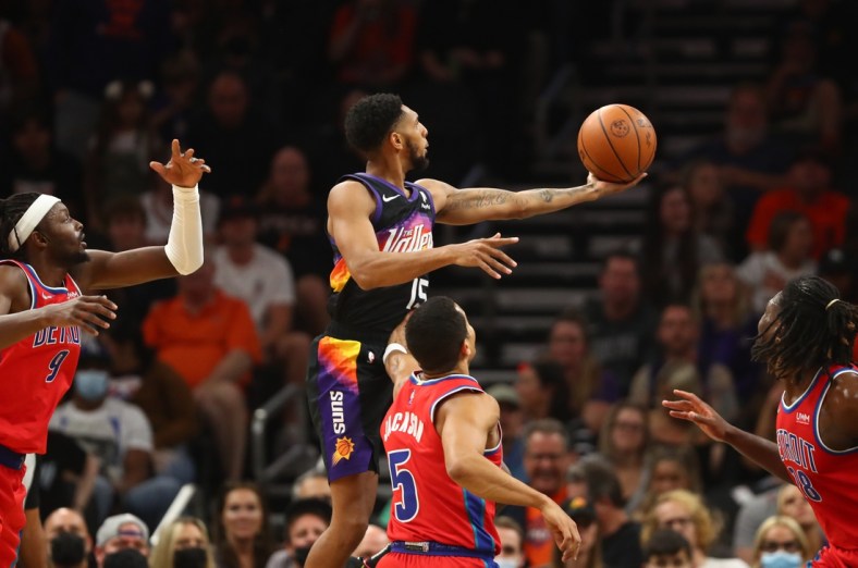 Dec 2, 2021; Phoenix, Arizona, USA; Phoenix Suns guard Cameron Payne (15) against the Detroit Pistons in the first half at Footprint Center. Mandatory Credit: Mark J. Rebilas-USA TODAY Sports