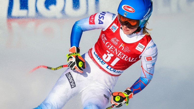 Dec 3, 2021; Lake Louise, Alberta, CAN; Mikaela Shiffrin of the United States during women's downhill race at the Lake Louise Audi FIS alpine skiing World Cup at Lake Louise. Mandatory Credit: Sergei Belski-USA TODAY Sports