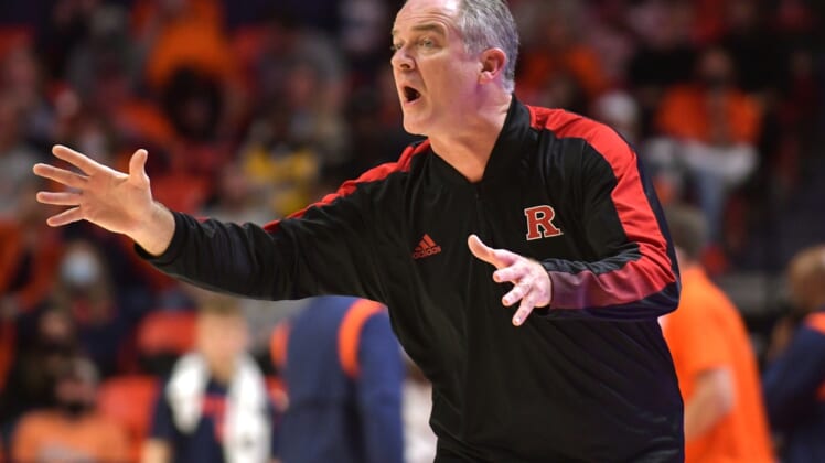 Dec 3, 2021; Champaign, Illinois, USA; Rutgers Scarlet Knights head coach Steve Pikiell directs his players from the bench during the first half against the Illinois Fighting Illini at State Farm Center. Mandatory Credit: Ron Johnson-USA TODAY Sports