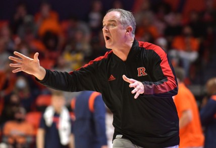 Dec 3, 2021; Champaign, Illinois, USA; Rutgers Scarlet Knights head coach Steve Pikiell directs his players from the bench during the first half against the Illinois Fighting Illini at State Farm Center. Mandatory Credit: Ron Johnson-USA TODAY Sports