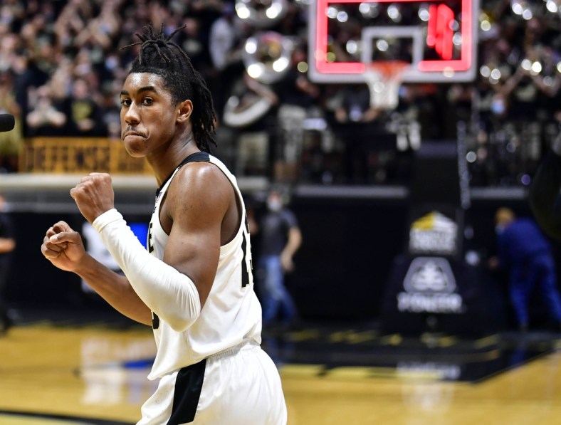 Dec 3, 2021; West Lafayette, Indiana, USA;  Purdue Boilermakers guard Jaden Ivey (23) celebrates a victory after the match against the Iowa Hawkeyes at Mackey Arena. Boilermakers won 77-70. Mandatory Credit: Marc Lebryk-USA TODAY Sports