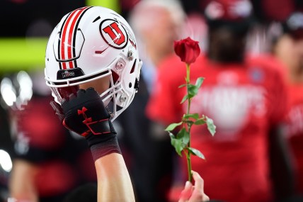 December 3, 2021; Las Vegas, NV, USA; Utah Utes helmet pictured with rose following the victory against the Oregon Ducks in the 2021 Pac-12 Championship Game at Allegiant Stadium. Mandatory Credit: Gary A. Vasquez-USA TODAY Sports