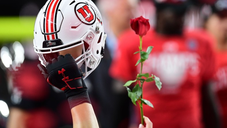 December 3, 2021; Las Vegas, NV, USA; Utah Utes helmet pictured with rose following the victory against the Oregon Ducks in the 2021 Pac-12 Championship Game at Allegiant Stadium. Mandatory Credit: Gary A. Vasquez-USA TODAY Sports