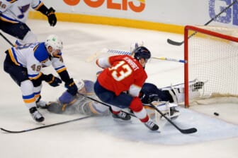 Dec 4, 2021; Sunrise, Florida, USA; Florida Panthers center Sam Reinhart (13) scores a goal against the St. Louis Blues during the second period at FLA Live Arena. Mandatory Credit: Jasen Vinlove-USA TODAY Sports