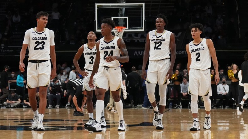 Dec 4, 2021; Boulder, Colorado, USA; Colorado Buffaloes forward Tristan da Silva (23) and guard Keeshawn Barthelemy (3) and guard Elijah Parquet (24) and forward Jabari Walker (12) and guard KJ Simpson (2) during the second half against the Tennessee Volunteers at the CU Events Center. Mandatory Credit: Ron Chenoy-USA TODAY Sports