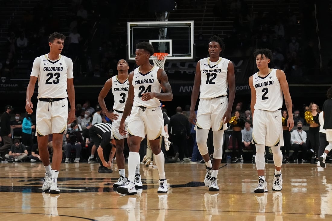 Dec 4, 2021; Boulder, Colorado, USA; Colorado Buffaloes forward Tristan da Silva (23) and guard Keeshawn Barthelemy (3) and guard Elijah Parquet (24) and forward Jabari Walker (12) and guard KJ Simpson (2) during the second half against the Tennessee Volunteers at the CU Events Center. Mandatory Credit: Ron Chenoy-USA TODAY Sports