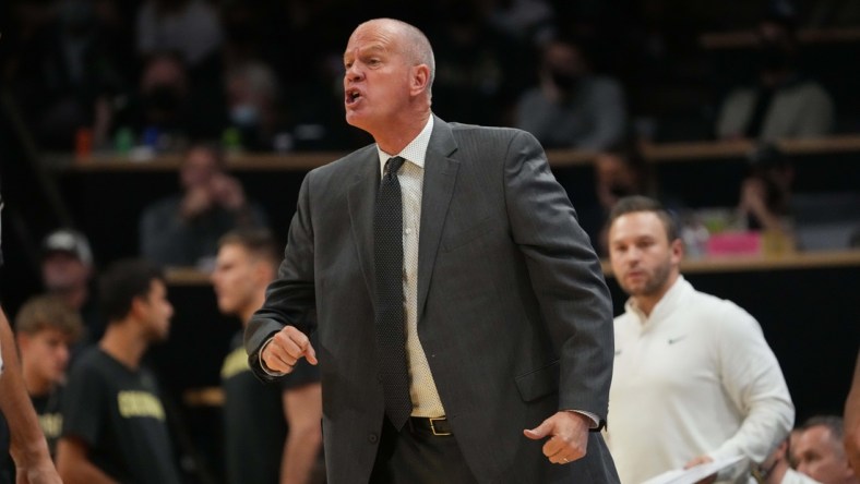 Dec 4, 2021; Boulder, Colorado, USA; Colorado Buffaloes head coach Tad Boyle during the second half against the Tennessee Volunteers at the CU Events Center. Mandatory Credit: Ron Chenoy-USA TODAY Sports